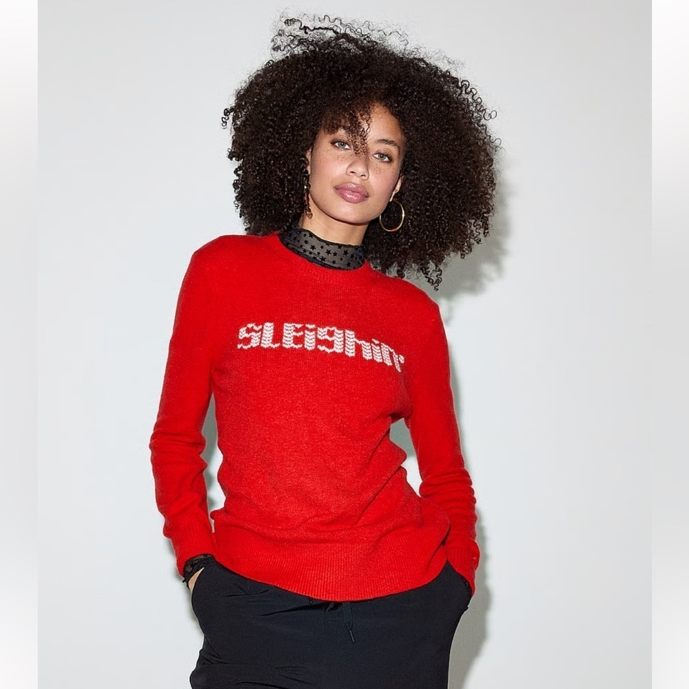 Victoria’s Secret PINK COLLEGIATE KNIT CREWNECK SWEATER Red Pepper Sleighin S